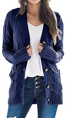 JFAN Cárdigan Informal De Punto para Mujer Abrigo Holgado De Manga Larga Holgado con Bolsillo Delantera Abierta Suéter,Azul Marino XL