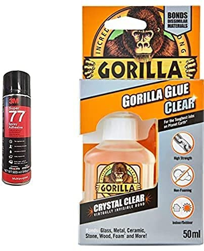 3M 7000116782 Super 77 Multi-Purpose Spray Adhesive – Quick-drying permanent spray glue for paper, fabric, plastic, metal, wood and more, 1x500 ml Bundle with Gorilla 1244002 Glue Crystal Clear 50ml