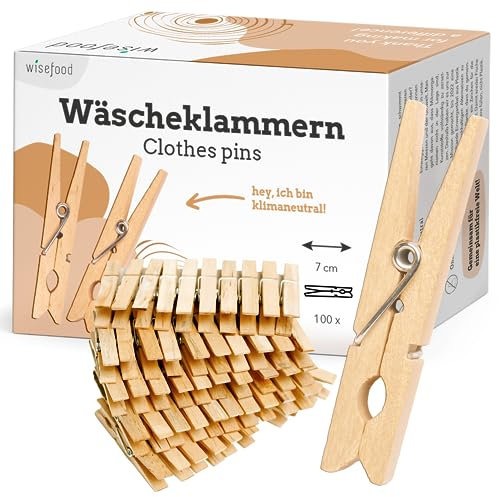 wisefood Wäscheklammern, 200 Stück naturfarbene Holzklammern aus Birkenholz 7cm, stabile und splitterfreie Holzwäscheklammern, zum Wäscheaufhängen, Basteln und Dekorieren