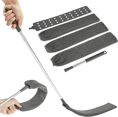 Jetcloud Plumeau Poussière Télescopique Lavable Plumeau Microfibre Brosse à Poussière de Chevet Poignée en Acier Inoxydable Long Plat Flexible Rétractable Canapé Lit (Gris) 200028159-01 94cm