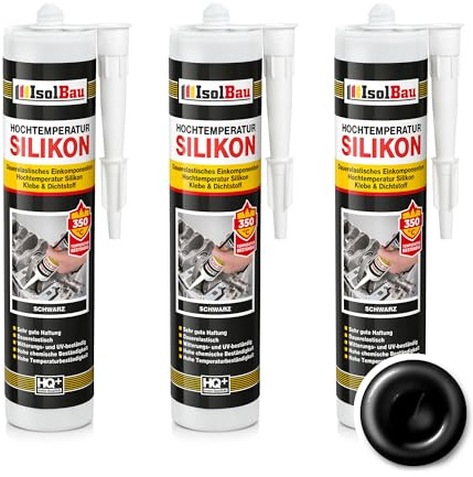 Isolbau Hochtemperatur Silikon Dichtmasse Motor, Dichtstoff, Reparatur & Füllung von Rissen in Kaminen & Öfen, hochtemperaturbeständig bis + 350 °C, 3 x 300 ml Schwarz