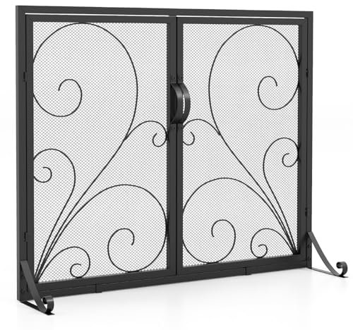 COSTWAY Fire Guard with Double Doors, Wrought Iron Mesh Fireplace Screen with Floral Decoration, Stable Support Rear & Front Brackets, Spark Flame Barrier Safety Fence for Log Burner