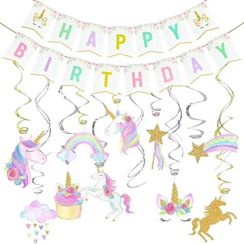 Unicorno Turbinii Appesi, striscione di buon compleanno, Unicorno Compleanno Decorazioni, Compleanno Decorazione Spirali, per Compleanni, Matrimoni, decorazioni per feste a tema