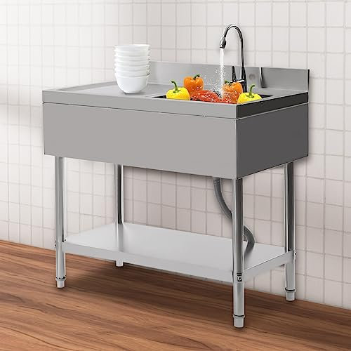 Lavello da cucina autoportante in acciaio inox, 1 vasca, con rubinetto per lavello da esterno, in acciaio inox, con ripiano e piano di lavoro da incasso, 100 x 60 x 80 cm