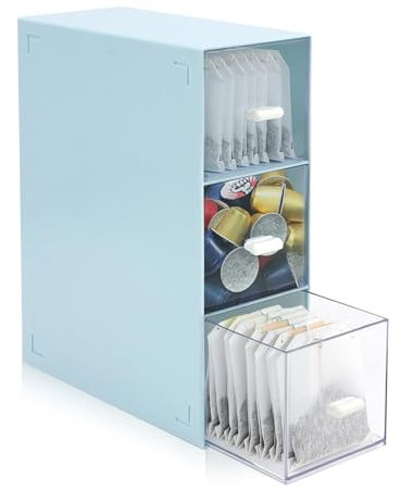 QZDAFFIC Boîte à thé avec 3 tiroirs, en plastique, pour sachets de thé, dosettes de café, organisateur de sachets de thé, boîtes à thé en vrac, cosmétiques, café, sucre, pantry (bleu)