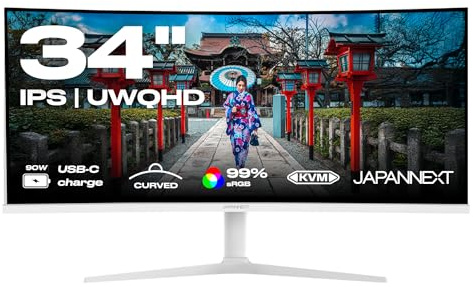 JapanNext Monitor Curvo Blanco 34 IPS UWQHD (3440x1440) | HDR & KVM | Carga vía USB-C (65W) Altura Ajustable Altavoces Integrados | G-Sync/FreeSync | JN-IPS34Q-HC6-W