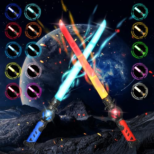 Meleager Espadas Láser Niños, 2 Piezas Retráctiles Espada de Luz Juguete(Rojo+Azul), 15 Colores, 2 en 1 Sable Laser, Recargable, 68cm, Regalo para Halloween, Navidad, Cosplay, Carnaval