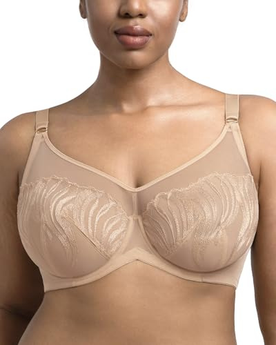HSIA Minimizer Bras for Women Full Coverage Pearl Shimmer Plus Size Lace Unlined Bra with Underwire, Sand Beige 38DD
