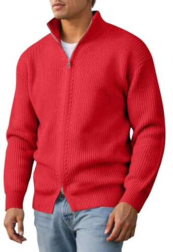 Zanisouta Cárdigan clásico para hombre, sudadera de manga larga, jersey básico de punto, cuello de tortuga, suéter de invierno, suéter cálido con doble cremallera, chaqueta de ocio, O rojo., 4XL