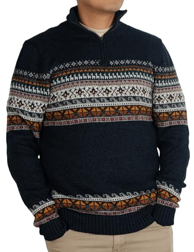 DILUKA Jersey de alpaca para hombre, hecho a mano, con media cremallera, cálido jersey de lana de Perú en patrón inca, suave y transpirable, azul oscuro, M