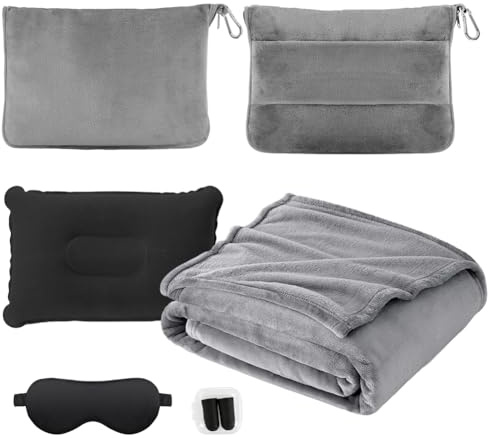 Coperta da viaggio, 3 in 1, coperta da viaggio, ultraleggera, calda, per auto, 152 x 127 cm, con custodia, per bagagli, maschera per gli occhi, tappi per le orecchie (grigio set-grigio)