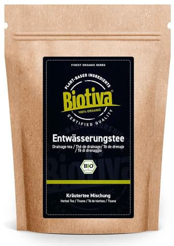 Entwässerungstee Bio 100g - Brennnesselblätter Löwenzahn Birkenblätter Wachholder Pfefferminze - traditionelle Rezeptur - Herstellung und Kontrolle in Deutschland (DE-ÖKO 005) - Biotiva