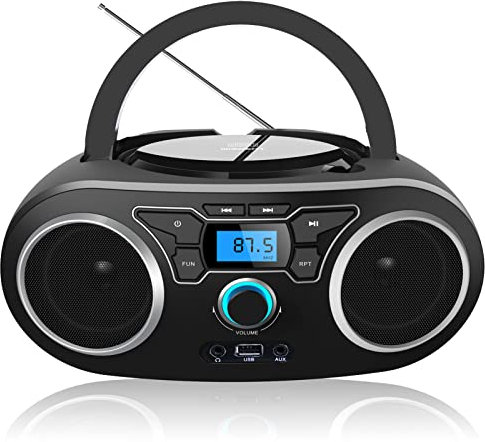 Radio CD Reproductor de CD portátil CD MP3 con Bluetooth,CD/CD-R, USB, Radio FM, Entrada Auxiliar,Sistema estéreo CD Boom Box