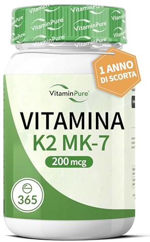 Vitamina K2 MK7 200 mcg Per Singola Compressa - Integratore alimentare Vit K2 MK-7 All Trans Menachinone - VitaminPure