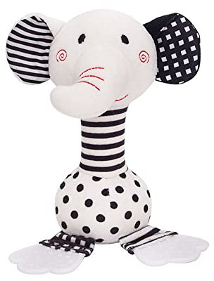 ECCHY Baby Rasseln, Greifling zum Rasseln, Schwarz Weiß Baby Rasselspielzeug, Weiche Stoff Babyspielzeug mit Beißring für Babys und Kleinkinder ab 0+ Monaten, Stabgreifling Elefant