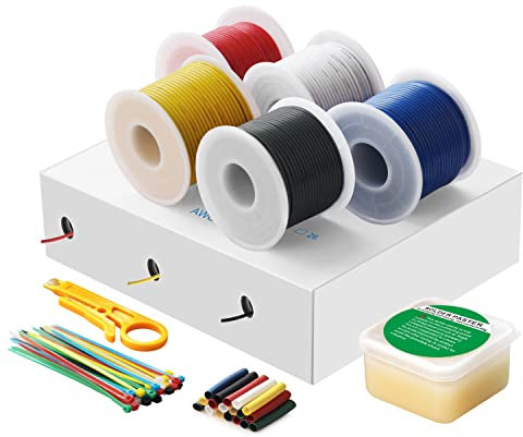 Elektrischer Draht,Silikonkabel,Litzendraht-HuLuWa 0,35mm² 22AWG Verzinnte Kupferdraht,5 Farbe Spule (5 x 8 Meter) Inklusive Lötpaste und anderem Zubehör Für DIY Lampen Haushaltsgeräte usw