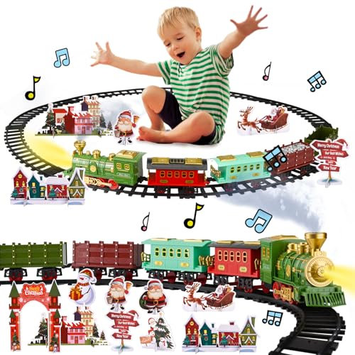DAOUZL Elektrischer Zug Set für Kinder, Weihnachtszug Elektrisch, Spielzeugeisenbahn Set mit Rauch, Licht, Sound und 4 Karten mit Weihnachtsszenen, Elektrischer Zug Spielzeug für Kinder ab 3 Jahren