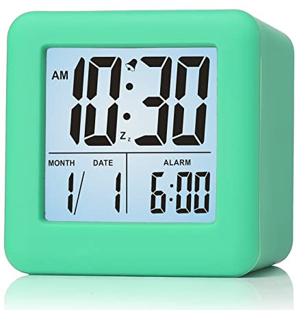Plumeet Digitaler Reisewecker, Einfach Einzustellen, mit Schlummermodus, Weichem Nachtlicht, Großem Zeit-, Monats-, Datums- und Alarm-Display, Ansteigendem Soundalarm, Handgerät-Größe (Hellgrün)