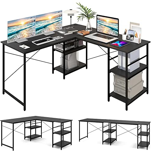 GOPLUS L-format skrivbord, 151 x 151 cm hörnskrivbord med hyllor, spelbord, kontorsbord för 2 personer, hörnskrivbord, för arbetsrum och kontor (svart)
