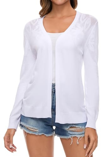 Famrrifuu Femme Gilet Cardigan été Coton Manches Longues Veste Tricot Léger Ouverte Devant Elegant Gilet,Blanc,XXL