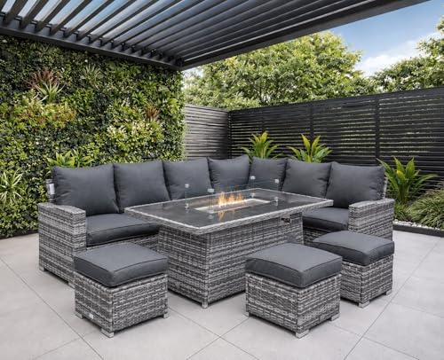GOODS EMPORIUM Rattan Garden Furniture with Fire Pit Table - 8/9 Seater Outdoor Furniture Rattan Corner Sofa Corner Garden Patio Sets - FREE RAIN COVER (Dark Grey, Left or Right Hand - Firepit Table)