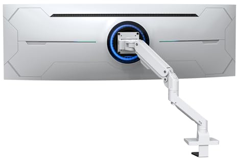 BEWISER Monitor Halterung für 34-57 Zoll Weiß 1 Monitor Ultrabreite Curved Monitore und 49 Zoll,Höhenverstellbar mit Neigungen,Schwenken,Robuster Gasfeder von 5-20 kg VESA 75x75/100x100