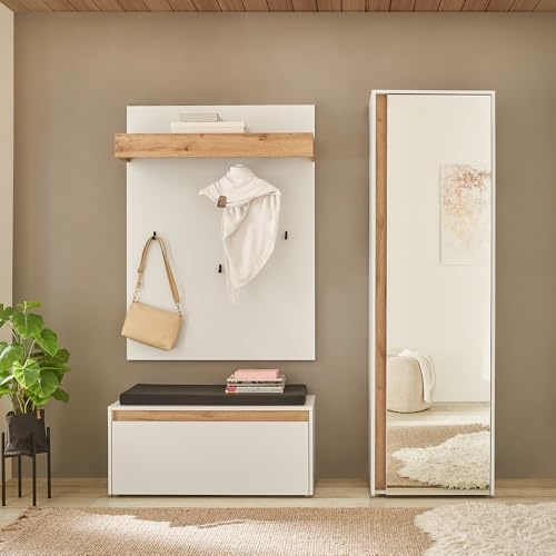 Lomadox Flur Garderoben Set in weiß mit Eiche, 3-teilig, Garderobenpaneel, Schuhbank, Garderobenschrank, modern