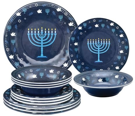 UPware 12-delars melaminservis, inkluderar middagstallrikar, salladstallrikar, skålar, servis för 4 (Hanukkah)
