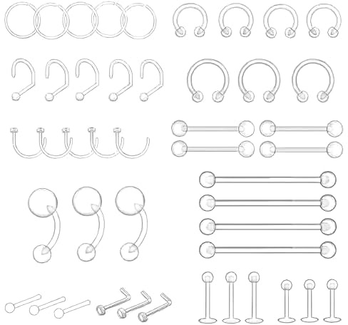 EuAcesry 48 Pcs Piercing Bioflex Plastique Transparents, Helix Septum Piercing pour Tragus Labret Nez Levre Langue Téton Tragus pour Opération IRM, Industriel Piering Bijoux pour Femme 14G 16G 20G
