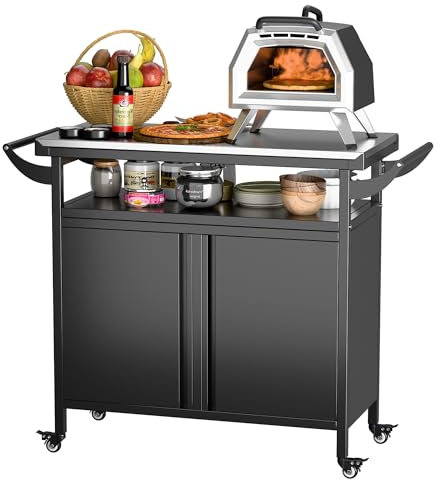 SUPEER Grillwagen Grilltisch, Pizzatisch mit 4 Rollen,304 Tischplatte aus Edelstahl,Rollwagen zum Grillen, Outdoor Servierwagen Outdoor Garten Trolley