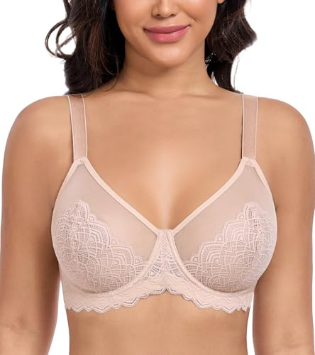 DotVol Básico Sujetador Reductor de Encaje Sexy Tallas Grandes para Mujer con Aros Beige,105D