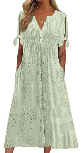 Yutdeng Abito Estivo Donna Abito Longuette con Scollo a V e Maniche Corte con Bottoni Abito Casual a Pieghe Abito da Spiaggia Abito Lunghi Eleganti Bohémien Abito Linea ad A Abito,Verde,S