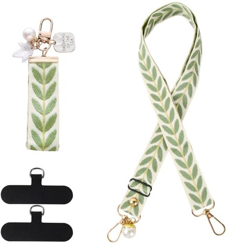 Naapesi Correa Ajustable para Movil, Cadena Universal para teléfono móvil con 3 Phone Lanyard Parcheas y 1 Keychain, Bisutería de Correas de Algodón Perlado para Mujeres, Hojas de Parra
