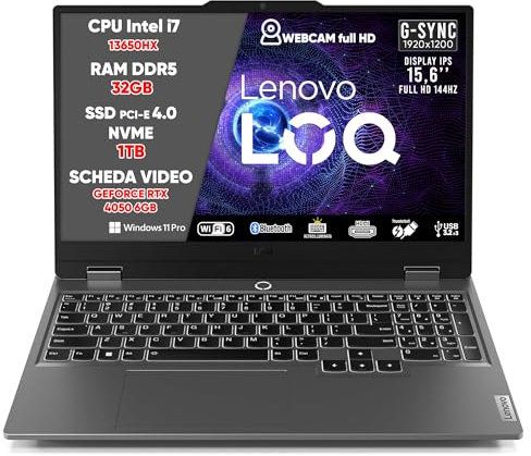 Lenovo PC Gaming Notebook Gaming i7 13650HX, 32GB DDR5 RAM, SSD 1TB, GeForce RTX 4050 6GB, IPS Display 15,6 FHD 144Hz G-SYNC, Laptop Gaming Tastatur mit Hintergrundbeleuchtung, Wi-Fi 6, Thunderbolt