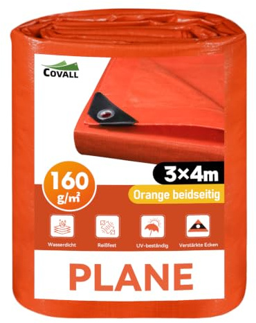 COVALL Orange Tarpaulin 3m x 4m, Waterproof Heavy Duty Tarp 160GSM, UV Protection, Reinforced Eyelets, Tear Resistant, Ground Sheets, Multipurpose Outdoor Garden Trailer Cover