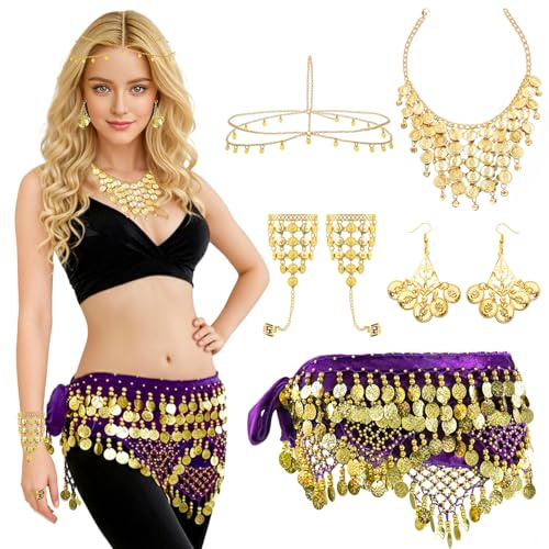 Baisdan 7 Pezzi Cintura e Sciarpe di Danza del Ventre Set, con Orecchini, Collana, Braccialetti, Copricapo a Monete d'oro, per Halloween, Carnevale, Spettacoli Viola