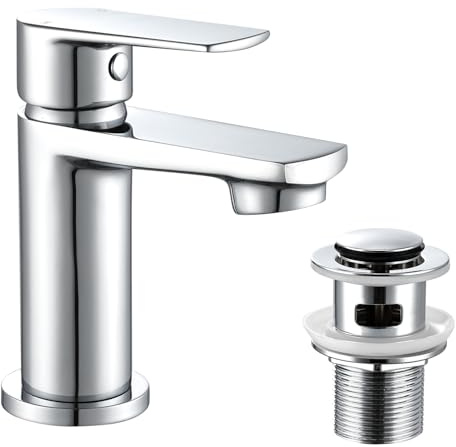 Hapilife Basin Mixer Tap with Slotted Pop Up Waste - Single Lever Chrome Bathroom Sink Taps with Drain, Stainless Steel Monobloc Small Wash Basin Tap with Clicker Waste