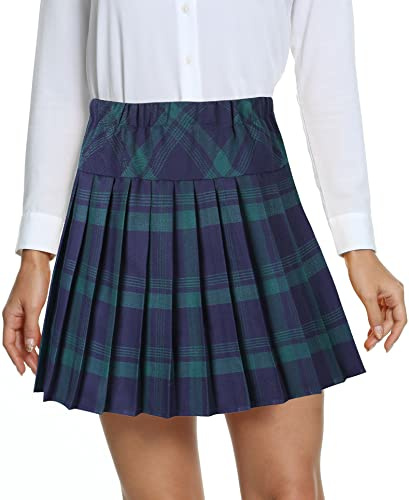 EXCHIC Donne College Stile Alta Vita Mini Pieghe Gonna Elastico Vita A-Line Scozzese Gonne con Breve Pantaloni(M, 1-Verde)