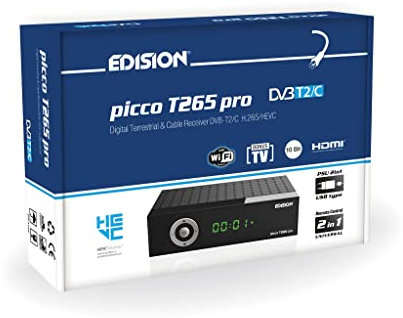 EDISION PICCO T265 Pro - Ricevitore Digitale Terrestre H265 HEVC 10Bit Bonus TV, FTA, USB, HDMI, SCART, Sensore IR, Supporto WiFi, Telecomando 2in1, Alimentazione 2in1, Main 10, Nero