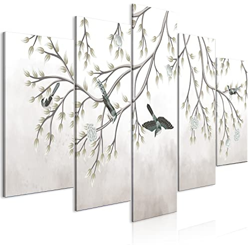 murando Cuadro Acústico Arbol 100x50 cm espuma acústica absorbe el sonido aislamiento lienzo de 5 piezas Impresión Artística Decoración de Pared Pájaros Naturaleza beige b-C-10065-b-a