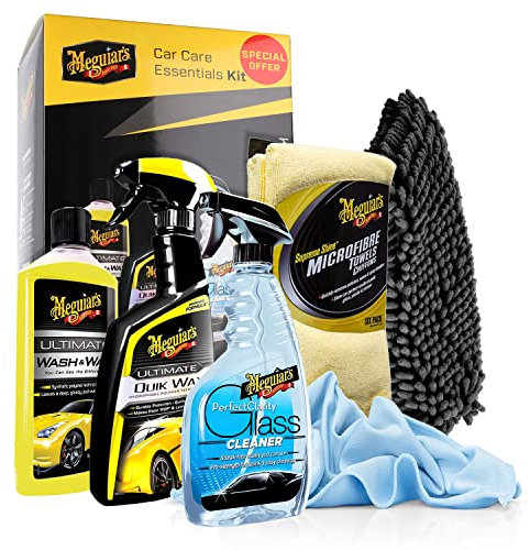 Autopflege Bundle - Meguiars Car Care Essentials Kit + detailmate Mikrofaser Glastuch 270GSM + detailmate XL Chenille Waschhandschuh - Auto Komplettset