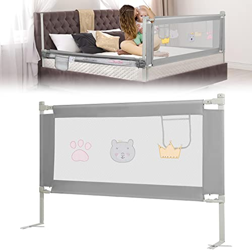 Ikodm Rejilla de protección para Cama de 150 cm, Altura Ajustable de 70 a 98 cm, protección contra caídas, para Cuna, para niños, Rejilla de Cuna Estable y fácil de Montar, Color Gris Bordado