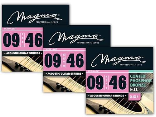 3 uppsättningar Magma-strängar för akustisk gitarr i fosforbrons belagd - Ultra lätt spänning (Ultra Light), mätare 08–38 (GA100P) – 3 uppsättningar