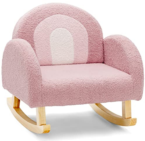 COSTWAY Silla Mecedora para Niños, Sillón Infantil Tapizado con Patas de Madera Maciza y Almohadillas Antideslizantes, Mecedora para Niños en Guardería, Sala de Juegos, Dormitorio (Rosa)