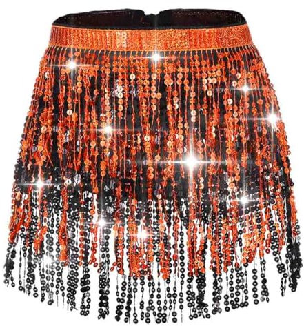 Ushiny Pailletten Quastenrock Rave Outfit Festival Kostüm Fransenröcke Ballett Tanz Hüfttuch für Damen und Mädchen（bunt 4）