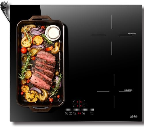 Hobsir Plaque à Induction 4 Feux, 60 cm Plaque de Cuisson Electrique Encastrable, 3500 W Tables de Cuisson avec Flexizone, Minuterie, Diapositive Control, 220-240 V, avec 16A Prise, Noir
