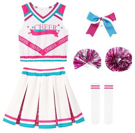 LOLANTA Cheerleader Kostüm Mädchen Rosa mit Pompoms Socken, Karneval Faschingskostüm Cheerleader für Kinder, Cheerleader Outfit Mädchen(Rosa, 10-11 Jahre, Tag 150)