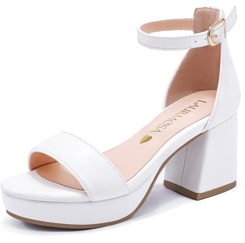 LAURMOSA Girls High Heels Flower Girls Dress Shoes Size 3 High Heels for Kids Dress Sandals Wedding Party Pageant Open Toe Block Chunky White Wedges Pumps Sandals for Big Kids Teens (L1038PWhite 3)