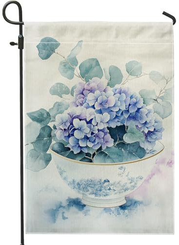 Drapeau floral de jardin, fleurs d'hortensia bleu, décoration botanique, drapeaux de jardin, drapeau de jardin double face en toile de jute, décoration saisonnière de pelouse, 30,5 x 45,7 cm
