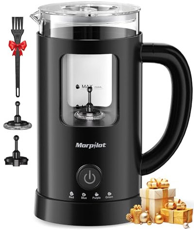 Morpilot Milchaufschäumer Elektrisch, 4 in 1 Milchschäumer für Heißer und Kalter, 550W 600ml, Latte-Design, Visuelles Glas, Leicht zu Reinigen, Schwarz